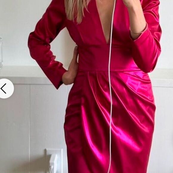 Zara Pink Metallic Foil Laminated Deep V Neck Longsleeve Dress, New - Picture 1 of 7